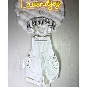 90s Overall Shorts White Denim Womens Size 26 Summer Baddie Dorm Ready Y2K Party